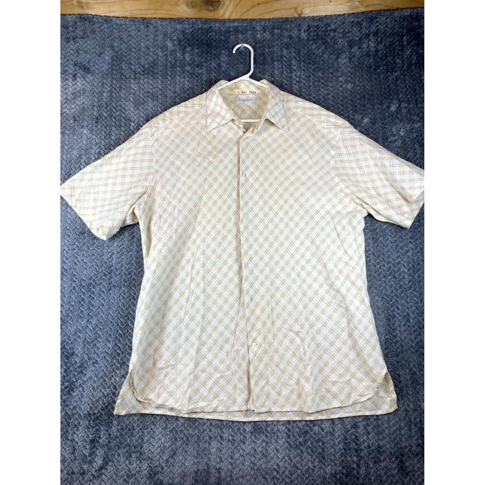 Alex Cannon Shirt Men XL Yellow White Check Cotton Short Sleeve Casual Button Up